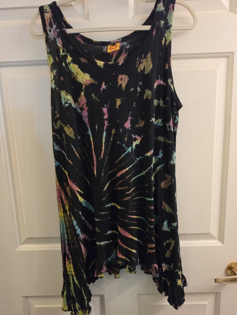 Karma Circle USA Tie Dye Tunic Mini Dress S Black Rainbow Ruffle Nepal Viscose